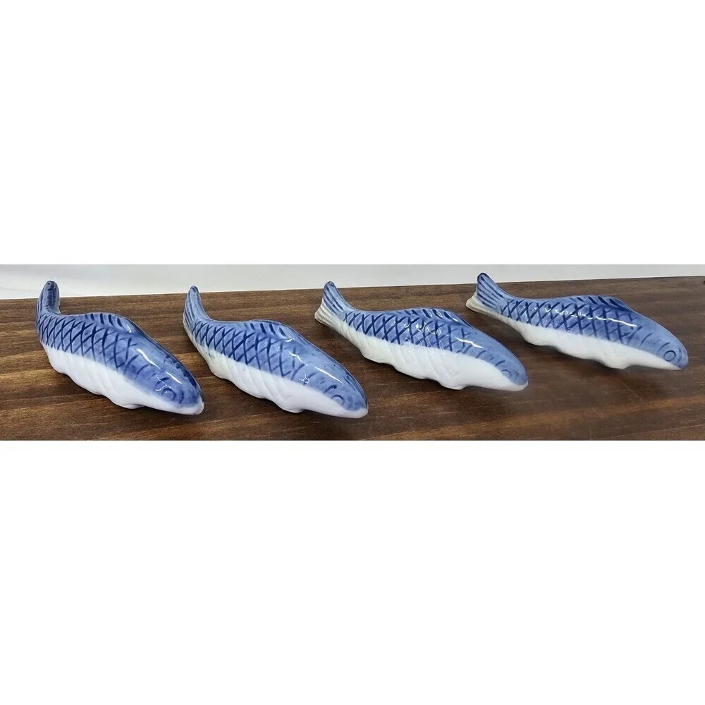 Japanese Porcelain Fish Chop Stick Rests Set of 4 Blue & White Asian 3.5” Length